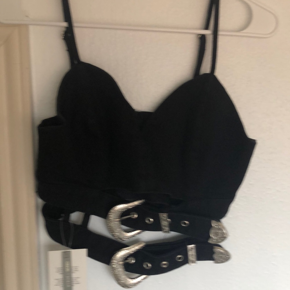 Denim halter top with buckle embellishments